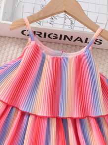 SHEIN Vestido de Verão Fascinante de Camisola Sem Mangas, Colorido com Plissado Soltinho de Camadas para Jovens Meninas Fashionistas