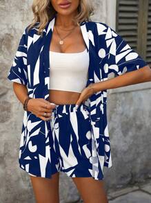 Breezaya Women Simple Print Short Sleeve Shirt Shorts Daily Set - Navy Blue - View 6