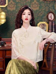 新中式女式立領上衣，重繡花紋設計與禪風鈕扣，復古感十足 - 米色 - 查看 5