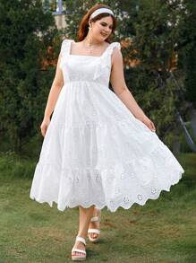 Dreamara Vestido blanco de manga corta con encaje bordado y tela romántica y casual para vacaciones de talla grande - Blanco - Ver 6