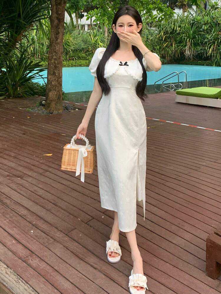 Women Solid Color Lace Jacquard Short Sleeve Summer Dress Sundress, Casual Women Dress