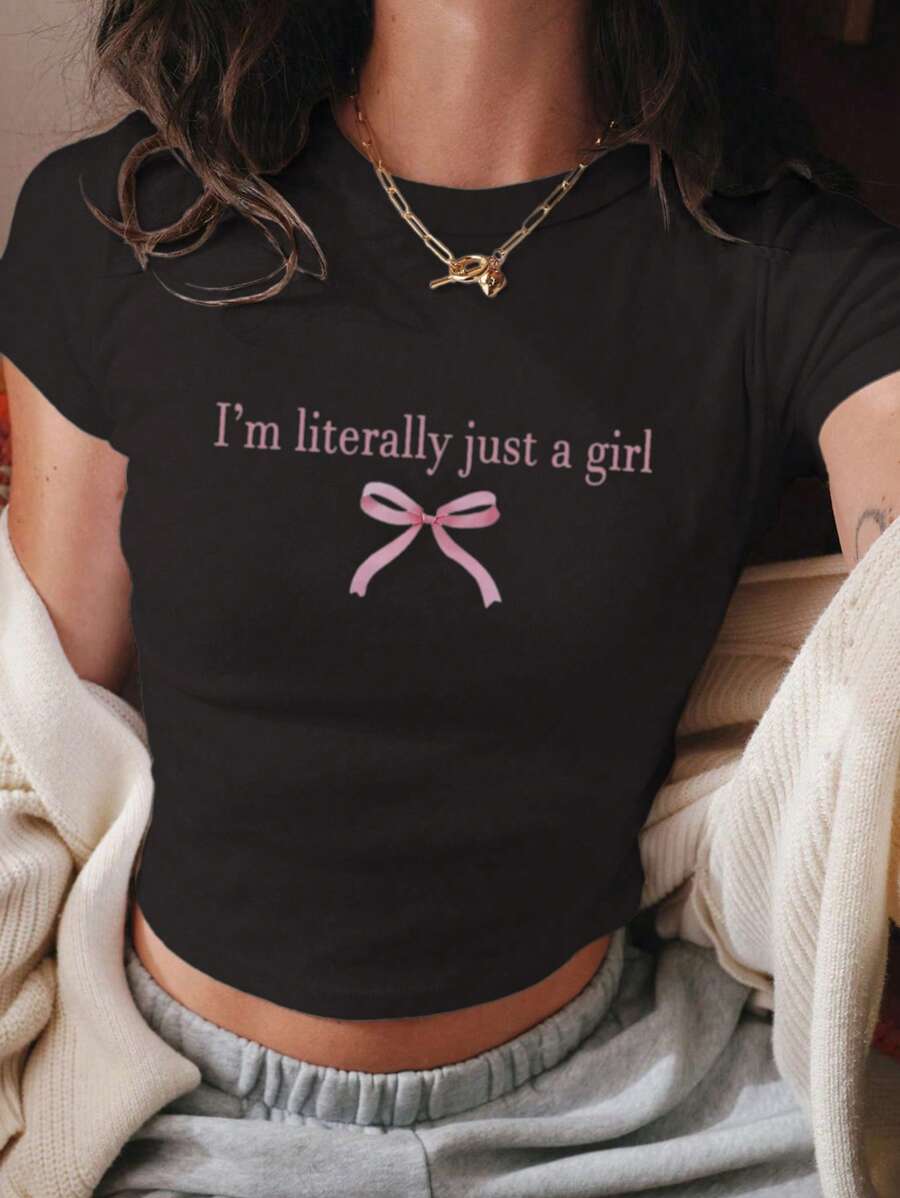 INAWLY Áo thun nữ Summebowknot in chữ ôm sát cắt cúp Áo thun họa tiết cho nữ - màu đen - Xem 1