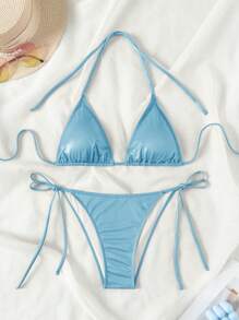 SHEIN Swim 女士純色肩帶比基尼套裝，適合日常穿著，夏季沙灘 - 藍色 - 查看 1