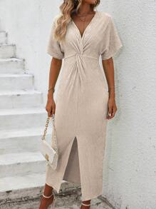 SHEIN Clasi Women Twist Knotted Solid Color High Slit Holiday SpringSummer Dress Maxi Women Outfit