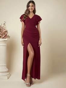 SHEIN Belle 勃艮第红色纯色褶皱腰带高开叉超长伴娘礼服，半正式礼服 - 酒紅色 - 查看 3