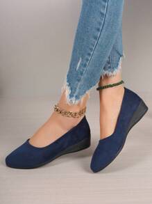 Women Vintage Blue Suede Wedge Heels, Solid Color Low Vamp Flat Shoes, Versatile - Navy Blue - View 4