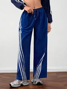 Forever 21 Women Color Block Patchwork Elastic Waist Wide Leg Cropped Pants For Casual And Sport