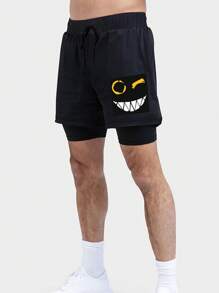 Manfinity LEGND Men's Cartoon Print Drawstring Waist Shorts Pattern Graphic Emo Boyfriend Gift, Cartoon Shorts Men, Graphic Men Shorts, Anime Shorts For Men - Black - View 3