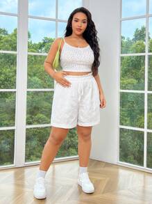 SHEIN EZwear Women's Plus Size White Shorts With Embroidery, Elastic Waistband, Bow Tie Belt, Loose Fit, Wide Leg Design, Made Of Woven Fabric With Small Holes And Ruffle Hem For Summer