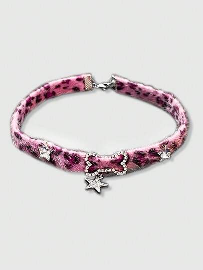 Anime 1pc Cute Pink Leopard Print Star Cutout Bone Designed Collar Necklace For Women