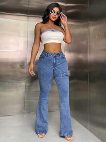 SHEIN SXY Quần jean ống loe Slim Fit thông thường với thiết kế denim đã giặt - Màu xanh lam - Xem 3