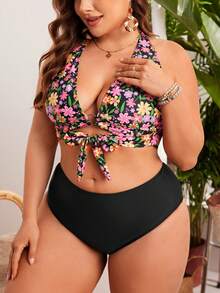 SHEIN Swim Curve Bãi biển mùa hè Plus Size dành cho nữ Áo ngực cổ chữ V sâu họa tiết hoa thời trang & Bộ quần áo bikini cho kỳ nghỉ - Nhiều màu - Xem 4