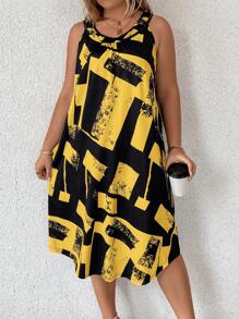 EMERY ROSE 时尚大码女式拼色印花无袖连衣裙，适合夏季 - 黃色 - 查看 1