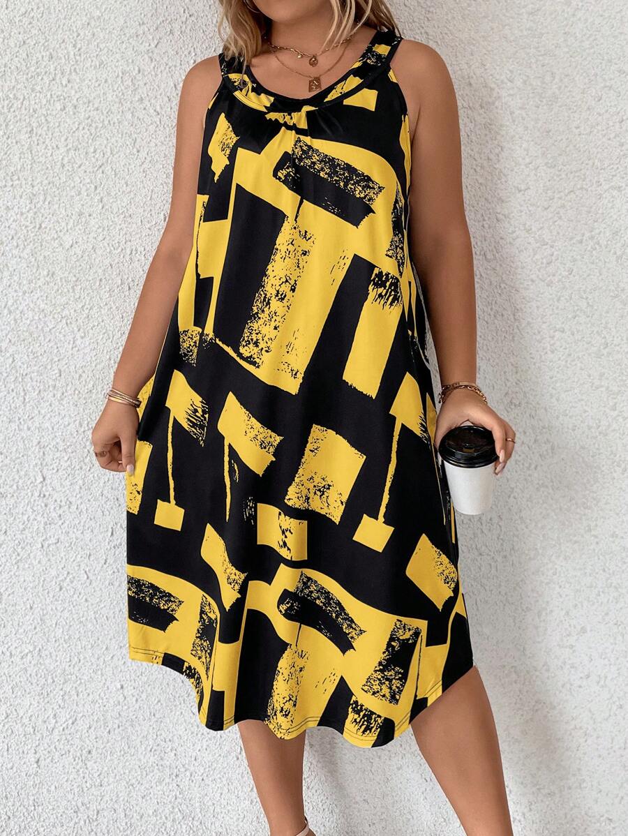 EMERY ROSE 时尚大码女式拼色印花无袖连衣裙，适合夏季 - 黃色 - 查看 1