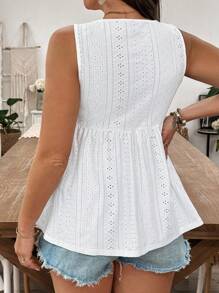 SHEIN LUNE 加大尺碼女裝夏日假期鈕釦花燒繡荷葉邊背心上衣 - 白色 - 查看 2