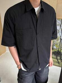 DAZY Camisa de manga corta para hombre de unicolor con botones frontales y cuello con solapa para el verano