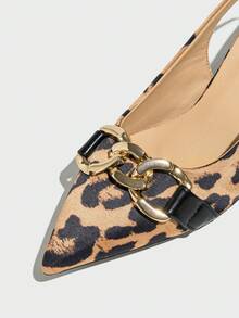Women Leopard Print Slingback High Heel Shoes With Chain Decoration & Pointed Toe, Ideal For Casual Wear Or Parties, Outdoors In Spring Or Summer Season - Multicolor - View 5