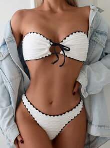 SHEIN Swim Mod Women Vacation Striped Edge Front Tie Hollow Out Bandeau Simple Chic Bikini Set,Summer Beach