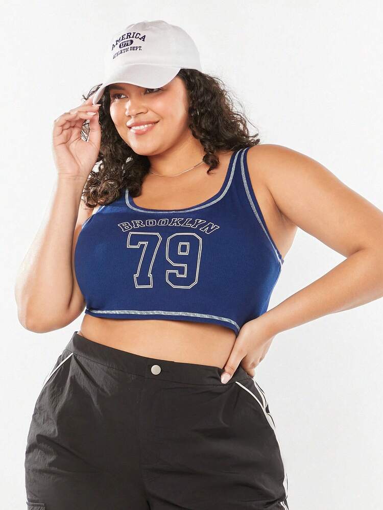 Plus Size Women Vintage College Pattern Printed Crop Tank Top With Letter Print For Summer