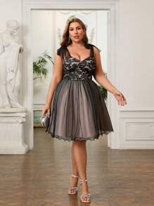 SHEIN Belle Plus Size Black Lace Patchwork Dress With Bow-Tied Shoulder Straps, Cute Sexy Gothic Style Sheer Party Dress - Black and White - View 6