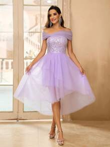 SHEIN Belle 优雅、浪漫、华丽、可爱、精致、迷人、时尚的女人，这款淡紫色连衣裙的主体饰有闪亮的珠子和网眼，单肩，肩部有不对称蝴蝶装饰，层叠下摆和不对称。高腰 A 字裙，下摆大，下摆蓬松，营造公主风格。非常适合音乐节、毕业典礼、返校聚会、下午茶、约会、派对、鸡尾酒会和其他正式场合。 - 紫色 - 查看 6