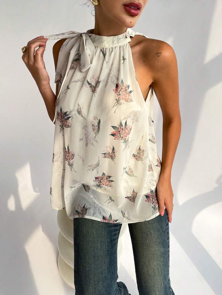 Women Chiffon Printed Pleated A-Line Back Tie Date Wedding Season Commuting Shirt