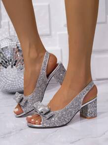 Women Peep Toe Bowknot Ankle Strap Chunky Heeled Sandals, Fashionable Party Silver Glitter High Heels