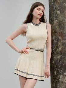 MOTF PREMIUM CONTRAST STRIPED TRIM POINTELLE KNIT TANK TOP & PLEATED SKIRT SET - Apricot - View 3