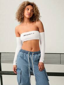 Forever 21 女士白色露肩長袖短款修身上衣，印有字母圖案 - 白色 - 查看 5