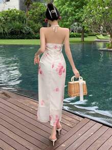 DAZY 女士镂空雪纺印花露背无袖连衣裙，适合夏季邮轮旅行、度假、复活节等场合。 - 粉色 - 查看 5