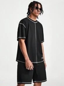 Manfinity VCAY Men Round Neck Short Sleeve T-Shirt And Shorts Set With Outer Seam For Spring And Summer - Black - View 3