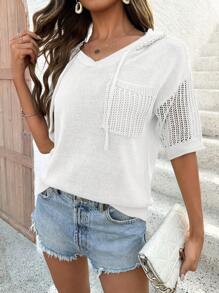 SHEIN LUNE 女士夏季純色短袖束腰連帽針織寬鬆上衣，附口袋 - 白色 - 查看 3