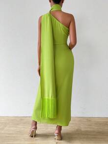Chiquease Đầm Bodycon xẻ cổ bất đối xứng màu trơn đơn giản hàng ngày cho nữ - màu xanh lá - Xem 2