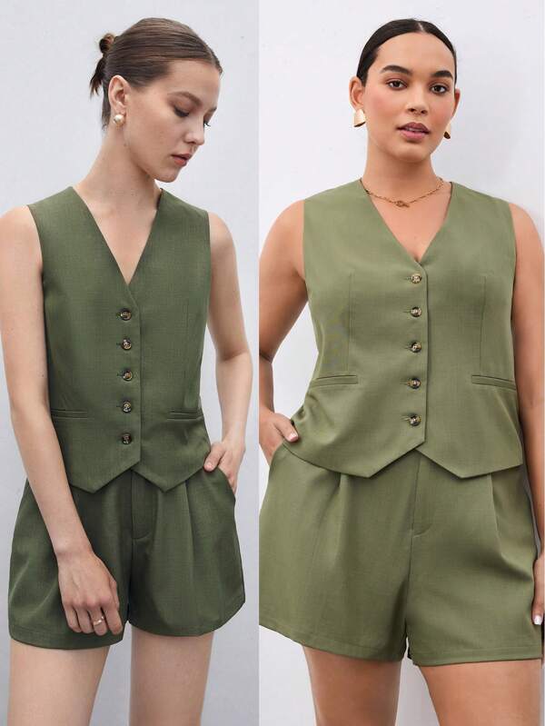 BizChic Plus Size Solid Color Basic Casual Suit Vest And Shorts Set, Suitable For Summer