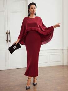 MOTF PREMIUM SOLID FRINGE TRIM MERMAID HEM CAPE DRESS - Red - View 3