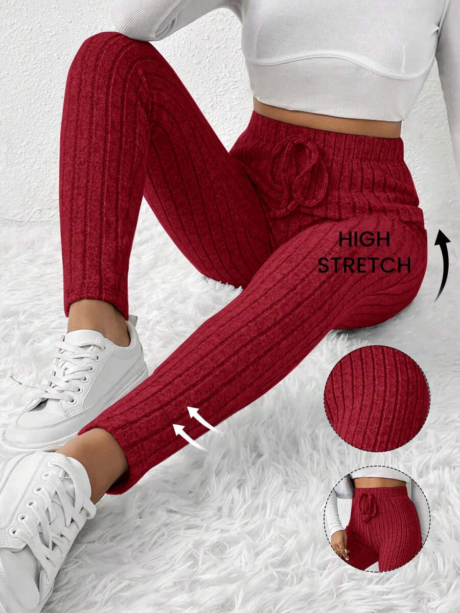 SHEIN Frenchy Tie Waist Ribbed Knit Bodycon Leggings Winter Christmas Red New Year Casual Valentine's Day - Red - View 1