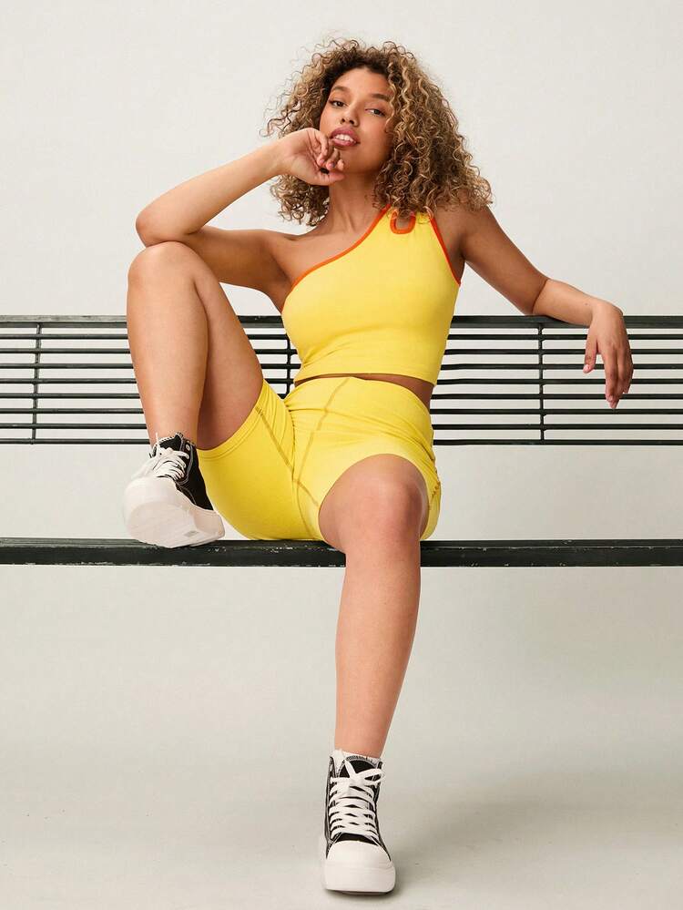 New Summer Asymmetrical Neck Hollow-Out Elastic Sports Color Block Top