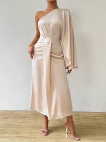 Chiquease 女款時尚不對稱領口長袖束腰優雅連衣裙 - 杏色 - 查看 4