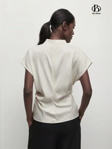 BizChic Women's Solid Apricot Stand Collar Elegant Short Sleeve Shirt With Pleats Fall Women Outfits - Apricot - View 3