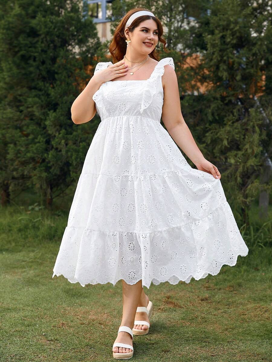 Dreamara Vestido blanco de manga corta con encaje bordado y tela romántica y casual para vacaciones de talla grande - Blanco - Ver 1