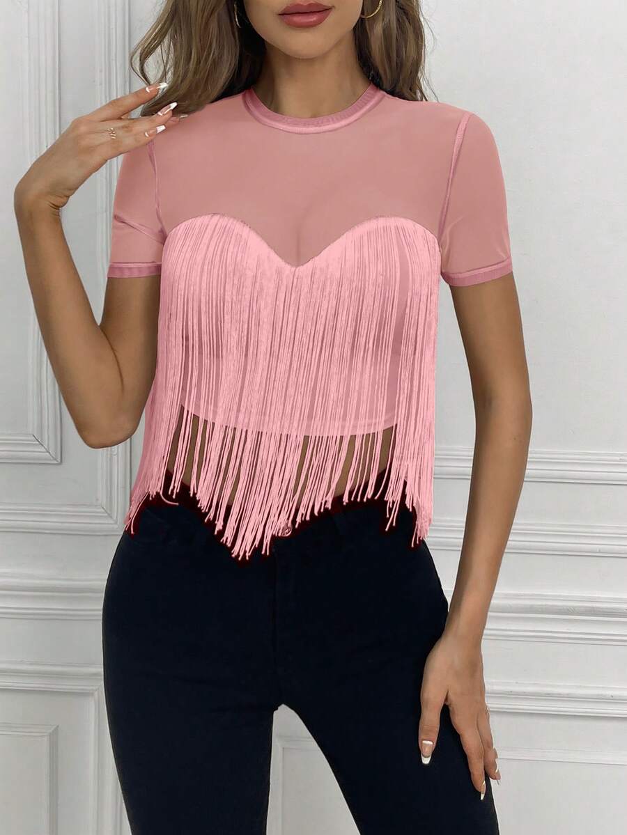 SHEIN Privé Áo thun tay ngắn lưới phối tua rua trang trí cổ tròn màu trơn cho nữ - Hồng - Xem 1