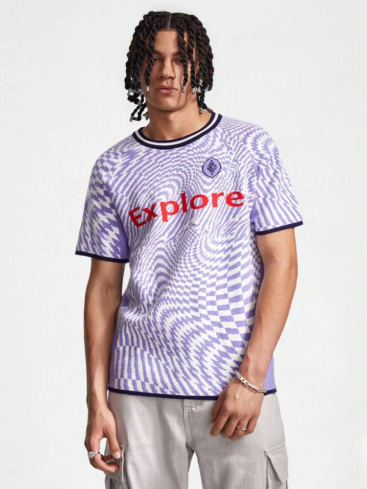 Men Summer Casual Knitted Short Sleeve Tee With Letter Embellished Raglan Sleeve Detail