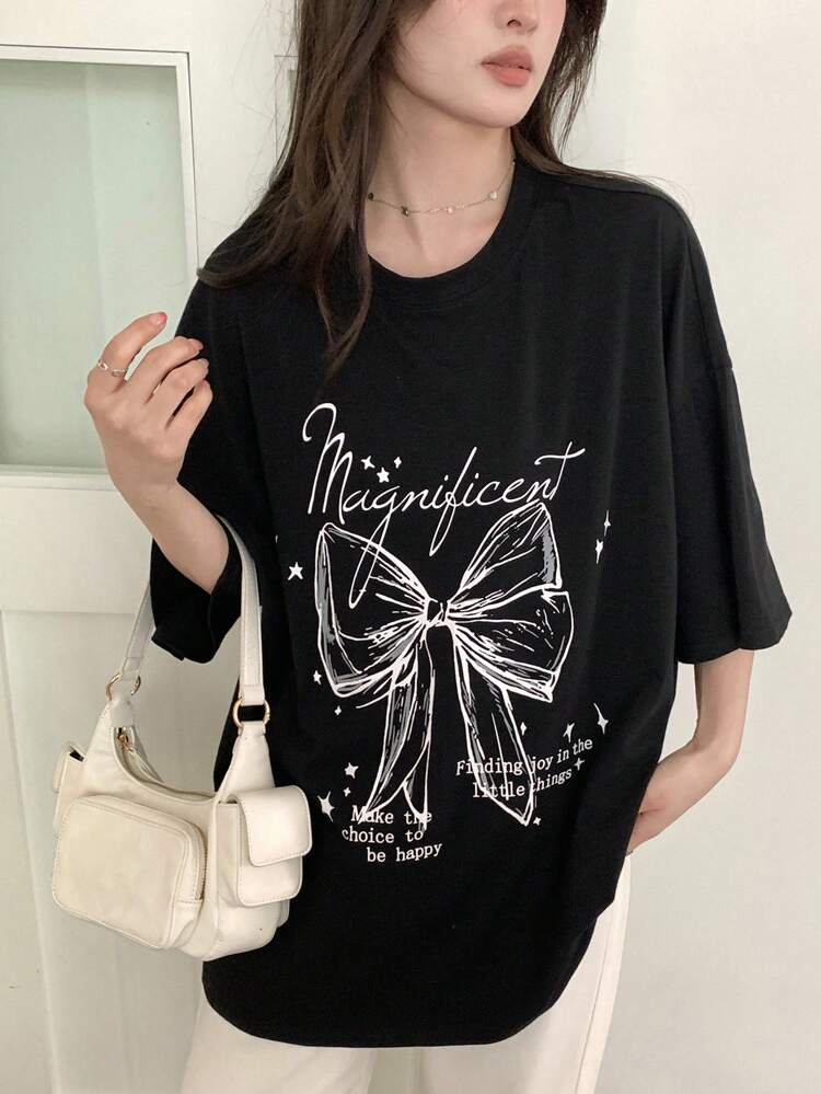 Women Summer Loose Casual T-Shirt With Slogan, Bowknot Print And Drop-Shoulder Sleeves Graphic Tee Oversized T-Shirt