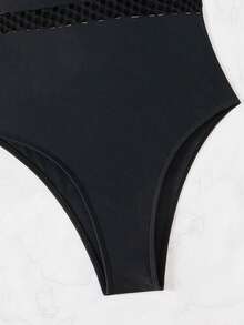 SHEIN Swim Women One-Piece Swimsuit With Spliced Lace, Padded Bra And Halter Neck,Summer Beach - Black - View 6