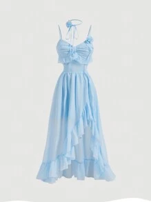 SHEIN MOD 藍色夏日假日約會3D花束腰帶，荷葉邊褶皺高開叉長裙