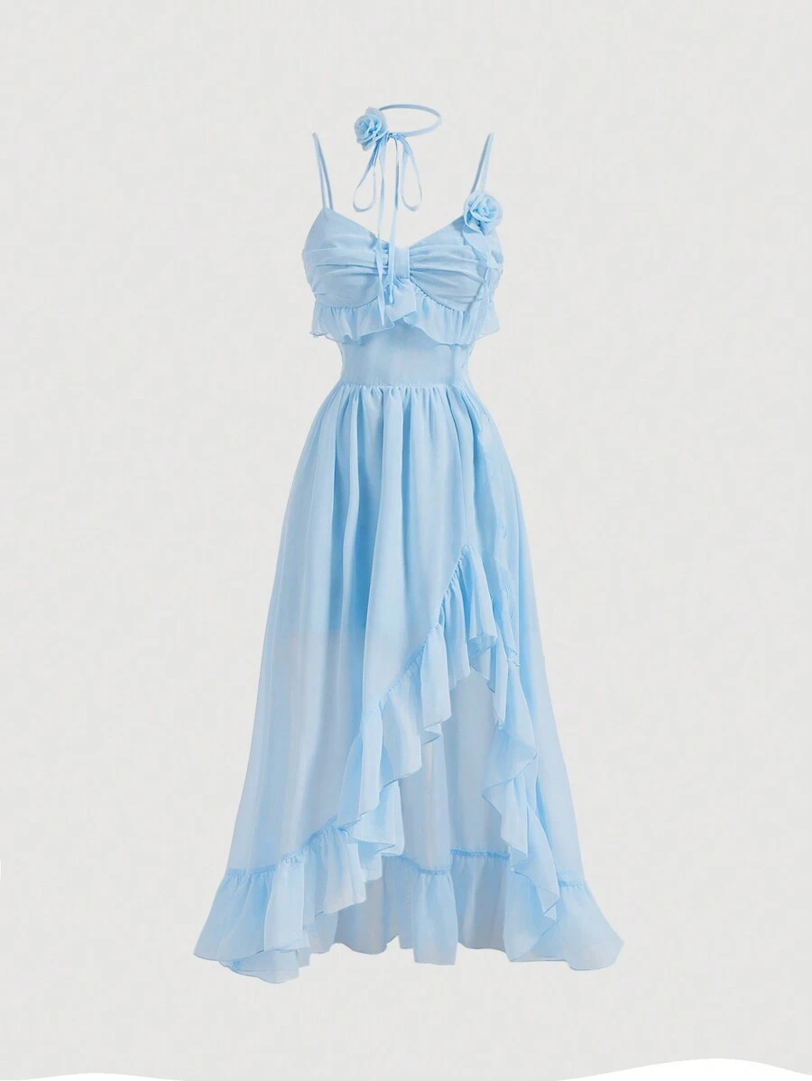 SHEIN MOD 藍色夏日假日約會3D花束腰帶，荷葉邊褶皺高開叉長裙