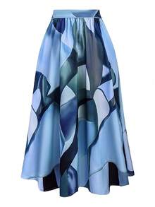 Franclia Plus Size Women's Random Printed Tie Waist High Low Skirt - Blue - View 2