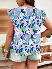 SHEIN VCAY 夏季假期大尺碼女裝鬆身V領短袖印花上衣