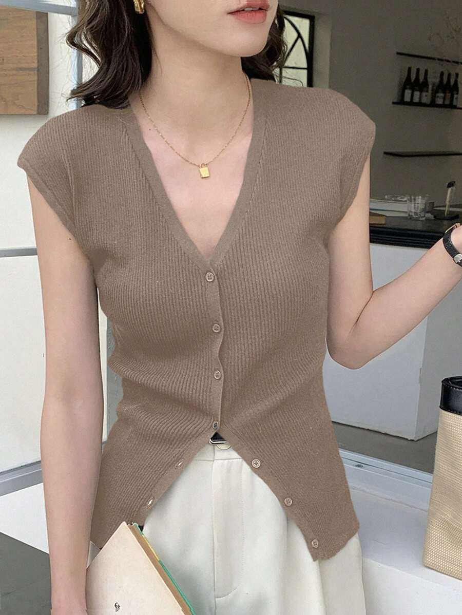 DAZY Solid Color Slim Fit Sleeveless V-Neck Women Knitted Top - Brown - View 1