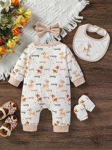 Bộ đồ liền thân dài tay in họa tiết động vật hoạt hình cho bé gái sơ sinh - Nhiều màu - Xem 2